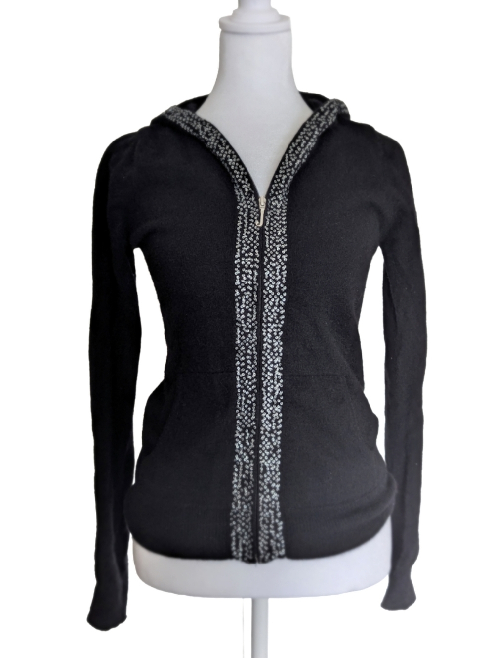 Juicy Couture Cashmere Hoodie J Zipper Sweater Top Black Silver Size S